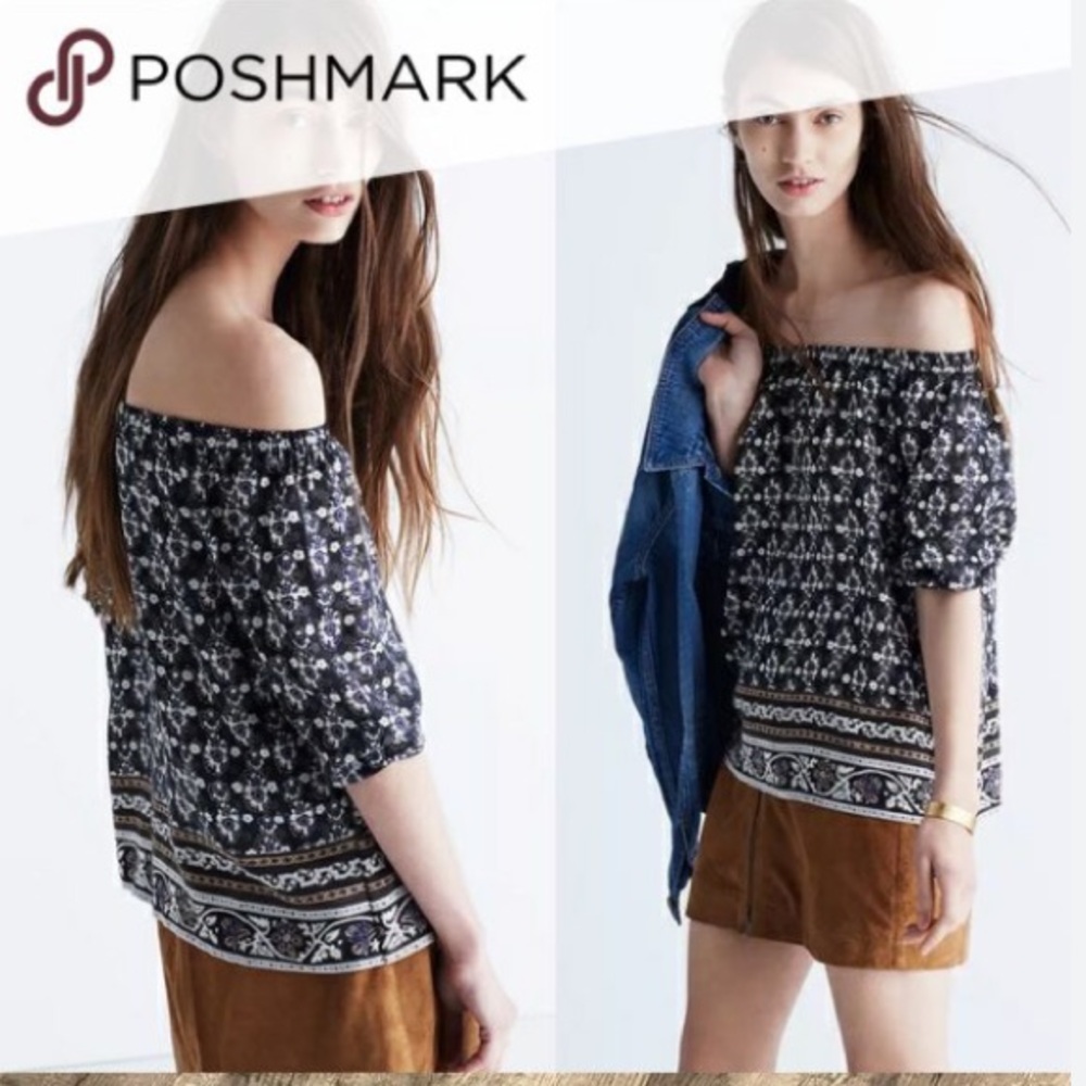 100% silk navy Madewell floral hippie dressy boat neck peasant top size s
